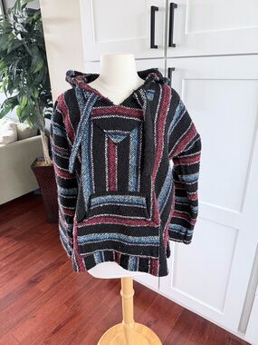 Artesanias F.R. Baja Hoodie Men’s Medium Mexican Blanket Pullover Red Black Gray